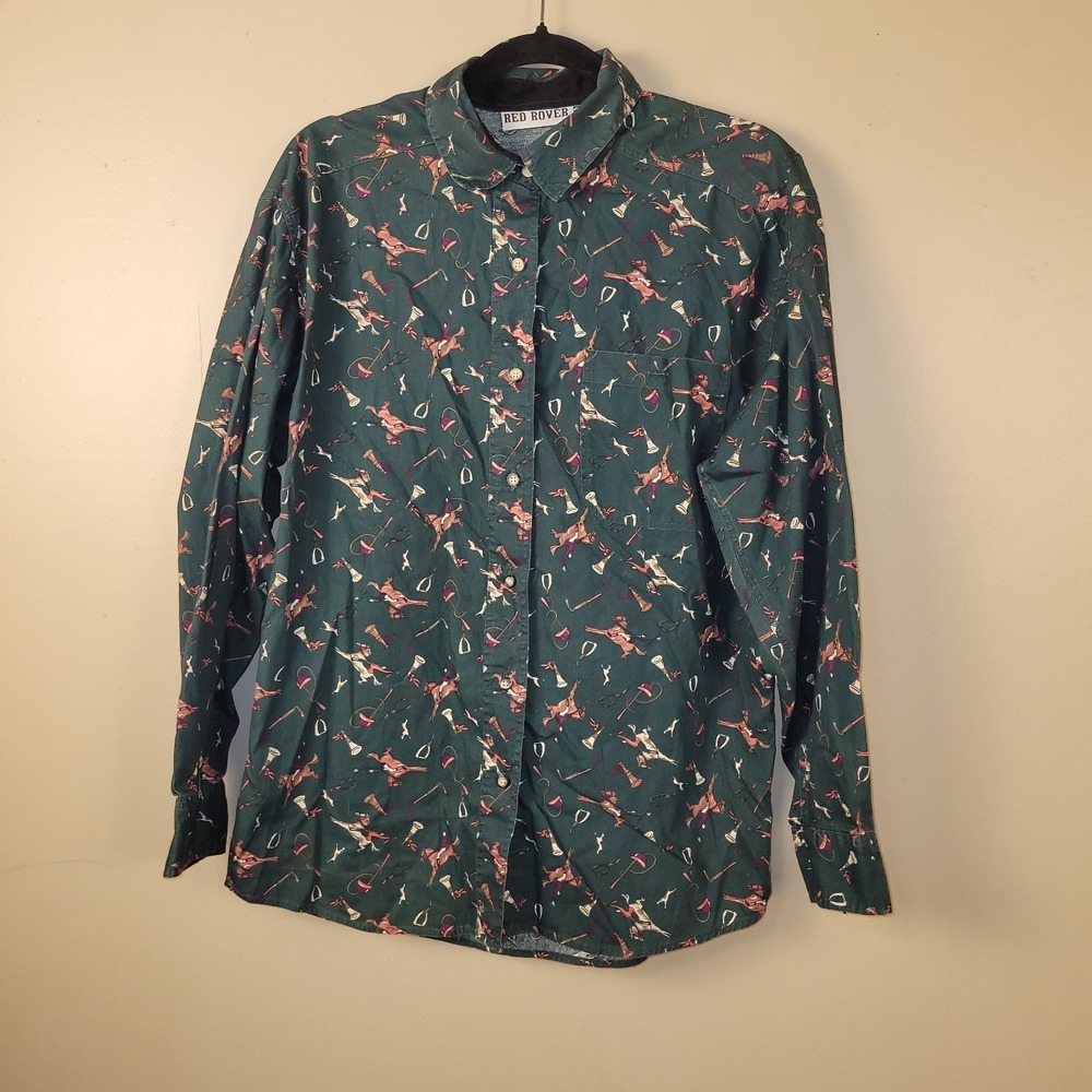 Red Rover Equestrian Horse‎ Print Button Down Shirt Green Cotton Riding Polo...